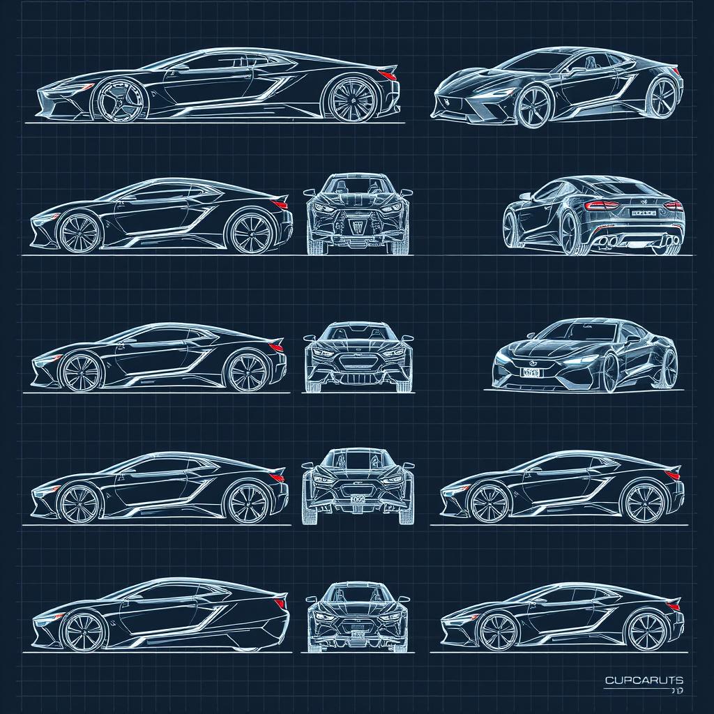 A collection of 90 highly detailed futuristic car blueprints, each showcasing different angles including front, back, right, left, up, down, and side views