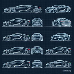 A collection of 90 highly detailed futuristic car blueprints, each showcasing different angles including front, back, right, left, up, down, and side views