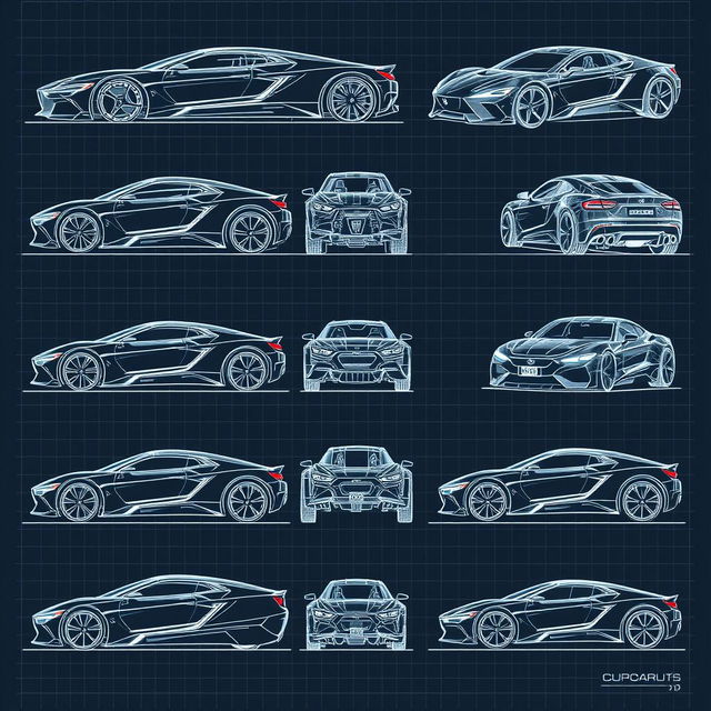 A collection of 90 highly detailed futuristic car blueprints, each showcasing different angles including front, back, right, left, up, down, and side views