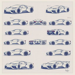 A collection of 90 futuristic car blueprints, each showcasing a variety of angles including front, back, right, left, up, down, and side views