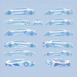 A collection of 90 futuristic car blueprints, each showcasing a variety of angles including front, back, right, left, up, down, and side views