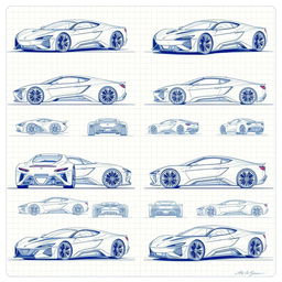 A collection of 90 futuristic car blueprints, each showcasing a variety of angles including front, back, right, left, up, down, and side views