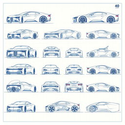 A collection of 90 futuristic car blueprints, each showcasing a variety of angles including front, back, right, left, up, down, and side views