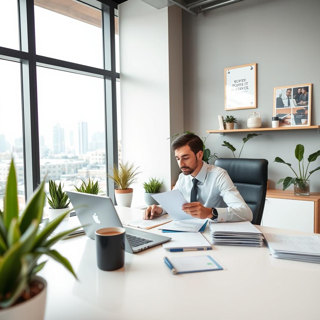 A corporate buyer in a modern office setting, actively engaged in their work