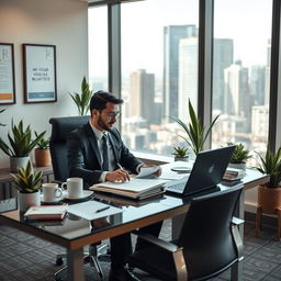 A corporate buyer in a modern office setting, actively engaged in their work