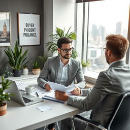 A corporate buyer in a modern office setting, actively engaged in their work