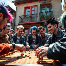 A vibrant and energetic scene depicting a backgammon tournament among a group of punks, characterized by colorful hairstyles, unique fashion choices including leather jackets, piercings, and graphic tees