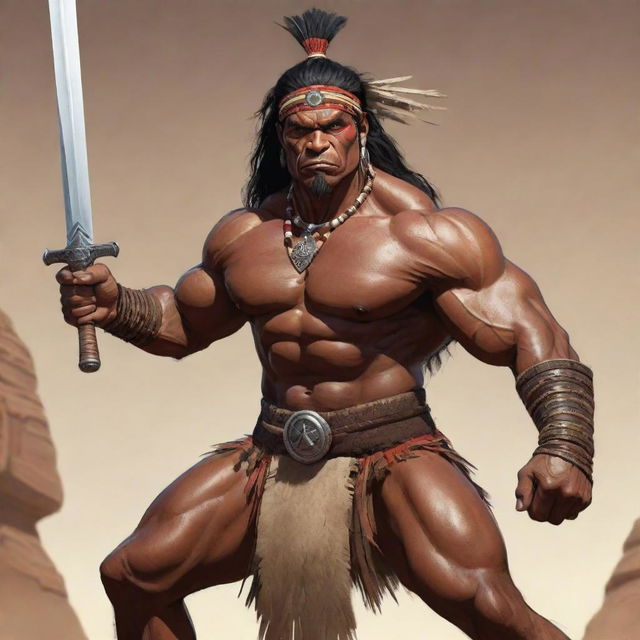 A powerful cartoon image of a robust indigenous antagonist, wielding a tribal sword. His muscular form combined with his traditional attire amplify his imposing presence suggesting an imminent showdown.