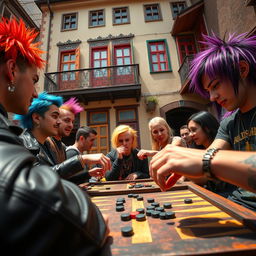 A vibrant and energetic scene depicting a backgammon tournament among a group of punks, characterized by colorful hairstyles, unique fashion choices including leather jackets, piercings, and graphic tees