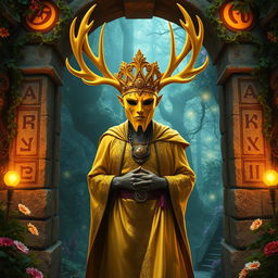 A majestic yellow masked king adorned with grand antlers, emerges confidently from an ancient stone gateway surrounded by mystical vines and glowing runes