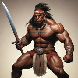 A powerful cartoon image of a robust indigenous antagonist, wielding a tribal sword. His muscular form combined with his traditional attire amplify his imposing presence suggesting an imminent showdown.