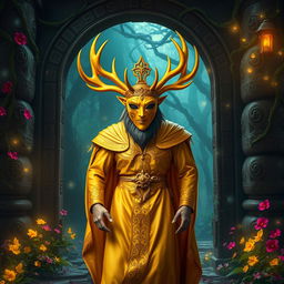 A majestic yellow masked king adorned with grand antlers, emerges confidently from an ancient stone gateway surrounded by mystical vines and glowing runes