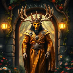 A majestic yellow masked king adorned with grand antlers, emerges confidently from an ancient stone gateway surrounded by mystical vines and glowing runes