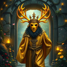 A majestic yellow masked king adorned with grand antlers, emerges confidently from an ancient stone gateway surrounded by mystical vines and glowing runes