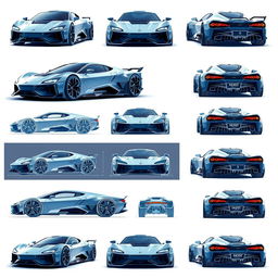 A collection of 90 futuristic car blueprints showcasing various angles of the vehicle