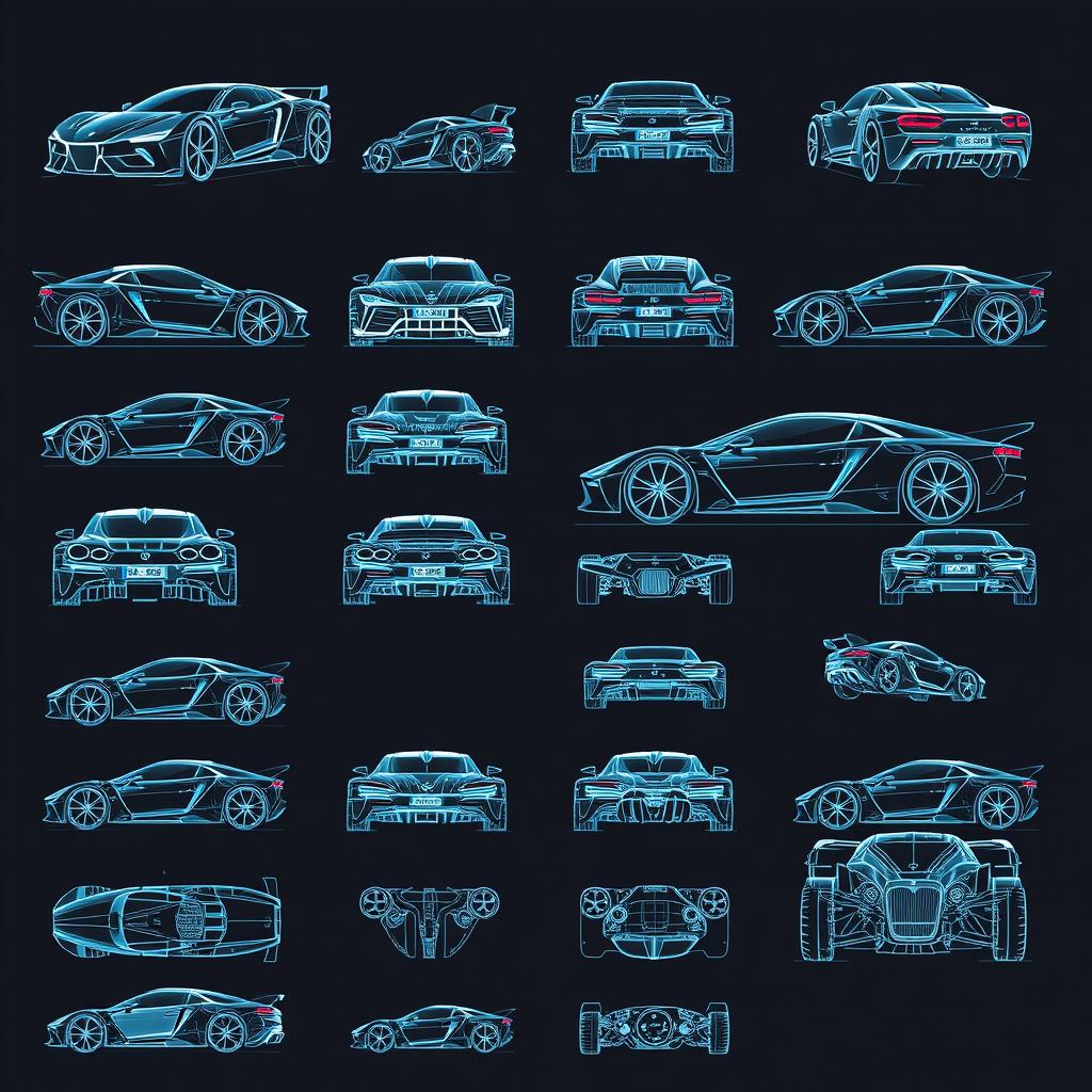 A collection of 90 futuristic car blueprints showcasing various angles of the vehicle