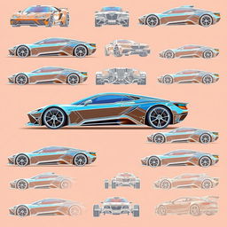 A collection of 90 futuristic car blueprints showcasing various angles of the vehicle
