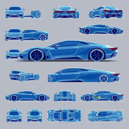 A collection of 90 futuristic car blueprints showcasing various angles of the vehicle