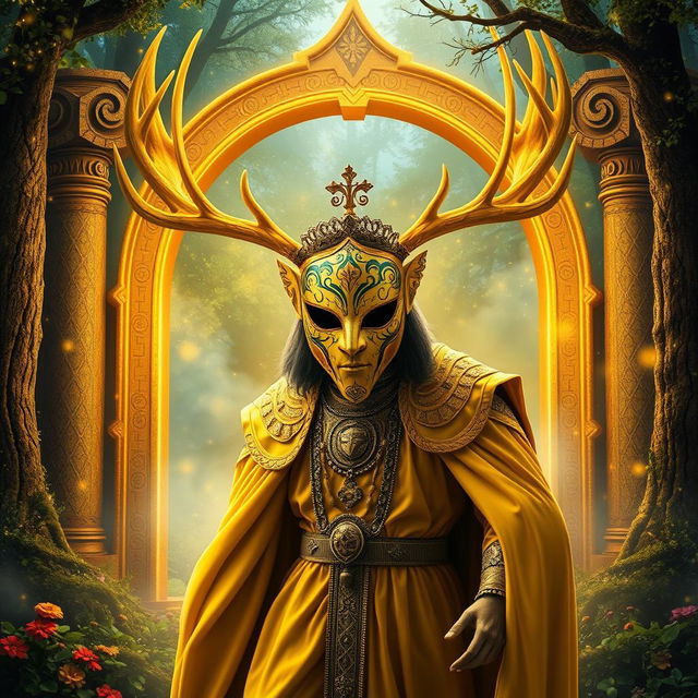 A striking yellow mirror masked king with majestic elk antlers is dramatically emerging from a mystic gateway