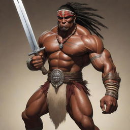 A powerful cartoon image of a robust indigenous antagonist, wielding a tribal sword. His muscular form combined with his traditional attire amplify his imposing presence suggesting an imminent showdown.