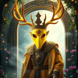 A striking yellow mirror masked king with majestic elk antlers is dramatically emerging from a mystic gateway