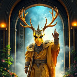 A striking yellow mirror masked king with majestic elk antlers is dramatically emerging from a mystic gateway