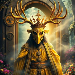 A striking yellow mirror masked king with majestic elk antlers is dramatically emerging from a mystic gateway