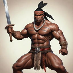 A powerful cartoon image of a robust indigenous antagonist, wielding a tribal sword. His muscular form combined with his traditional attire amplify his imposing presence suggesting an imminent showdown.