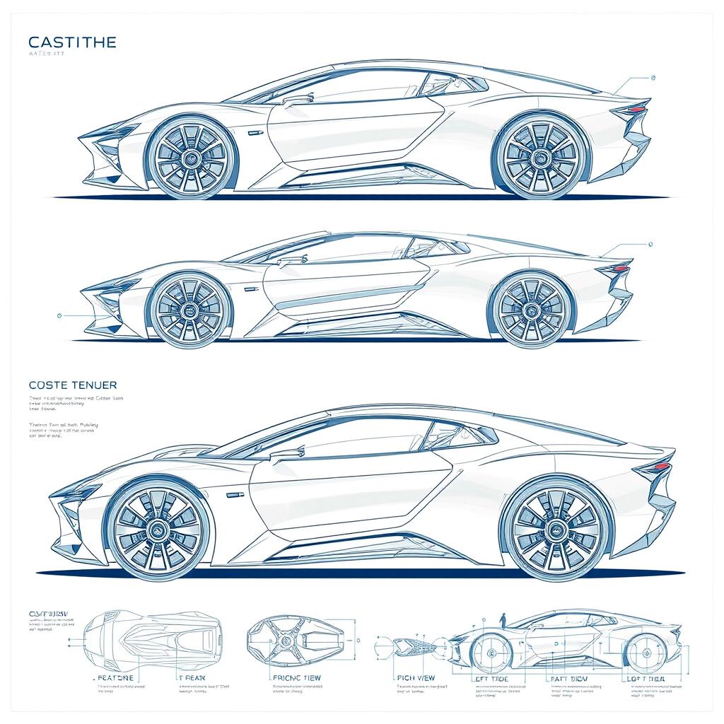 A detailed futuristic car blueprint sketch, showcasing a highly stylized concept vehicle with intricate designs and advanced technologies