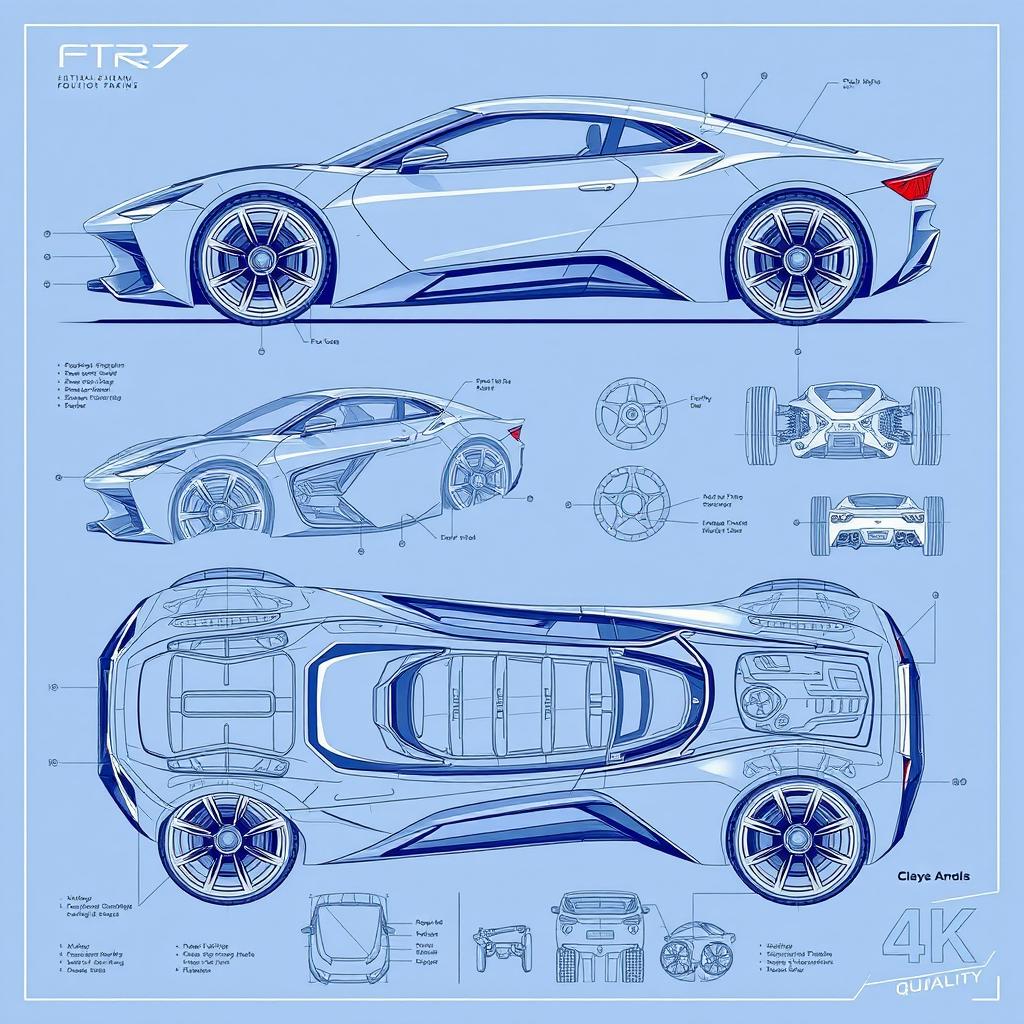 A detailed futuristic car blueprint sketch, showcasing a highly stylized concept vehicle with intricate designs and advanced technologies