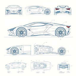 A detailed futuristic car blueprint sketch, showcasing a highly stylized concept vehicle with intricate designs and advanced technologies