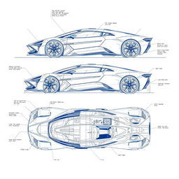 A detailed futuristic car blueprint sketch, showcasing a highly stylized concept vehicle with intricate designs and advanced technologies