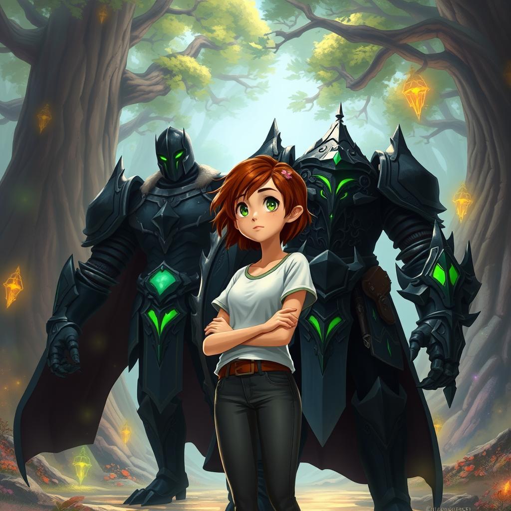 A thin, beautiful girl with short brown hair wearing a casual T-shirt and fitted pants stands confidently next to a huge black knight armored in ornate black steel with vivid green eyes