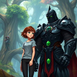 A thin, beautiful girl with short brown hair wearing a casual T-shirt and fitted pants stands confidently next to a huge black knight armored in ornate black steel with vivid green eyes
