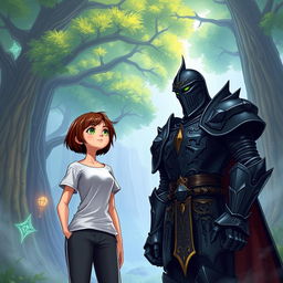 A thin, beautiful girl with short brown hair wearing a casual T-shirt and fitted pants stands confidently next to a huge black knight armored in ornate black steel with vivid green eyes