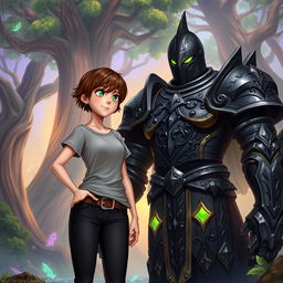 A thin, beautiful girl with short brown hair wearing a casual T-shirt and fitted pants stands confidently next to a huge black knight armored in ornate black steel with vivid green eyes