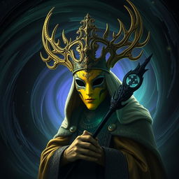 A majestic yellow masked king, adorned with intricate, regal antlers, emerges from a swirling dark portal that glows with ethereal green and purple hues