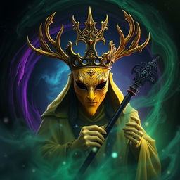 A majestic yellow masked king, adorned with intricate, regal antlers, emerges from a swirling dark portal that glows with ethereal green and purple hues