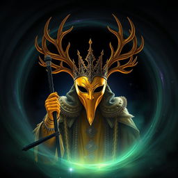 A majestic yellow masked king, adorned with intricate, regal antlers, emerges from a swirling dark portal that glows with ethereal green and purple hues