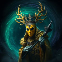 A majestic yellow masked king, adorned with intricate, regal antlers, emerges from a swirling dark portal that glows with ethereal green and purple hues