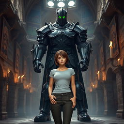 A thin, beautiful woman with short brown hair, wearing a fitted T-shirt and stylish pants, stands confidently within a grand castle interior