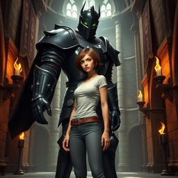 A thin, beautiful woman with short brown hair, wearing a fitted T-shirt and stylish pants, stands confidently within a grand castle interior