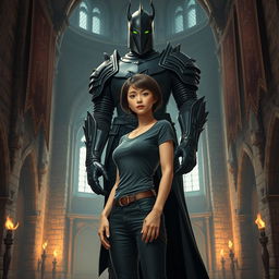 A thin, beautiful woman with short brown hair, wearing a fitted T-shirt and stylish pants, stands confidently within a grand castle interior