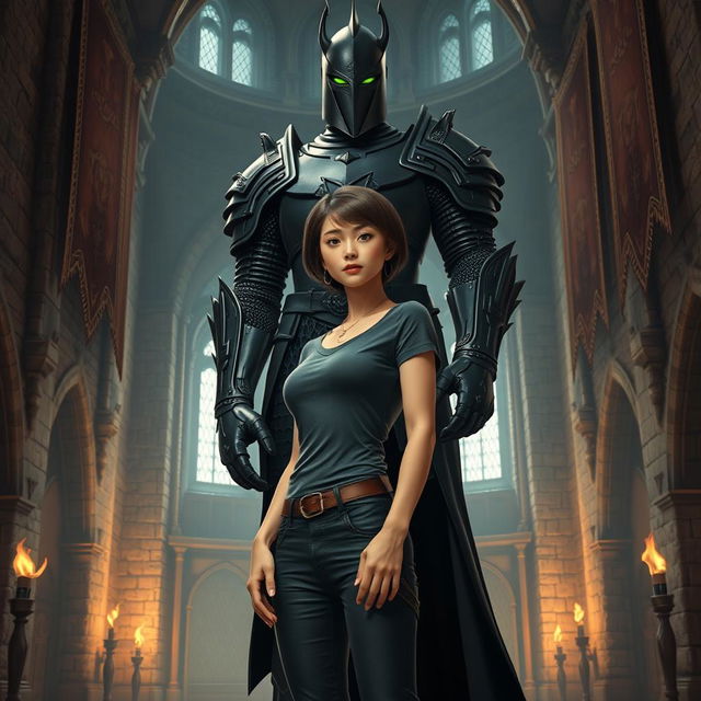 A thin, beautiful woman with short brown hair, wearing a fitted T-shirt and stylish pants, stands confidently within a grand castle interior