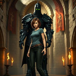 A thin, beautiful woman with short brown hair, wearing a fitted T-shirt and stylish pants, stands confidently within a grand castle interior