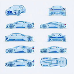 A comprehensive collection of futuristic car blueprint sketches, featuring 100 images that exhibit the vehicle from all angles including front view, back view, right side view, left side view, top view, and bottom view