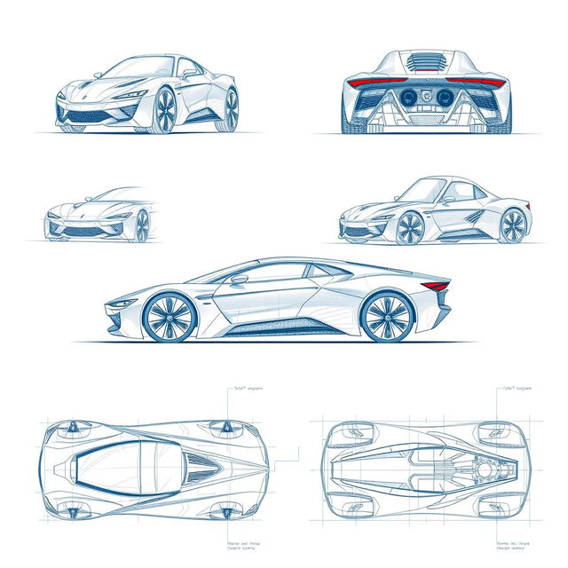 A comprehensive collection of futuristic car blueprint sketches, featuring 100 images that exhibit the vehicle from all angles including front view, back view, right side view, left side view, top view, and bottom view