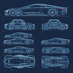 A comprehensive collection of futuristic car blueprint sketches, featuring 100 images that exhibit the vehicle from all angles including front view, back view, right side view, left side view, top view, and bottom view