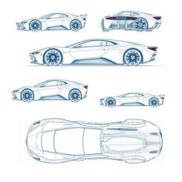 A comprehensive collection of futuristic car blueprint sketches, featuring 100 images that exhibit the vehicle from all angles including front view, back view, right side view, left side view, top view, and bottom view