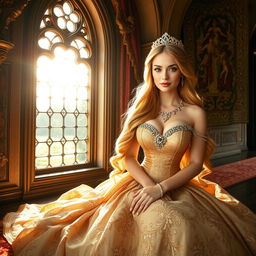 A beautiful princess with big breasts and long, flowing golden hair, sitting elegantly by a large castle window